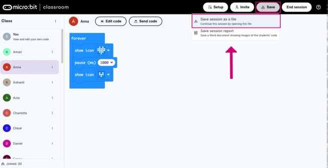 Screenshot of how to save classroom to continue later