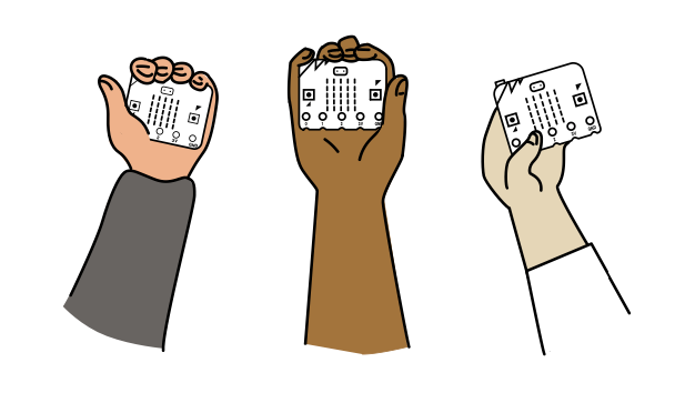 Three hands holding micro:bits